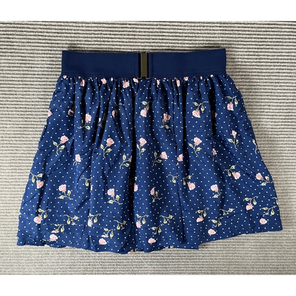 Love H8 Forever 21 Navy Blue Floral Polka Dot Elastic Waist Mini Skirt Large